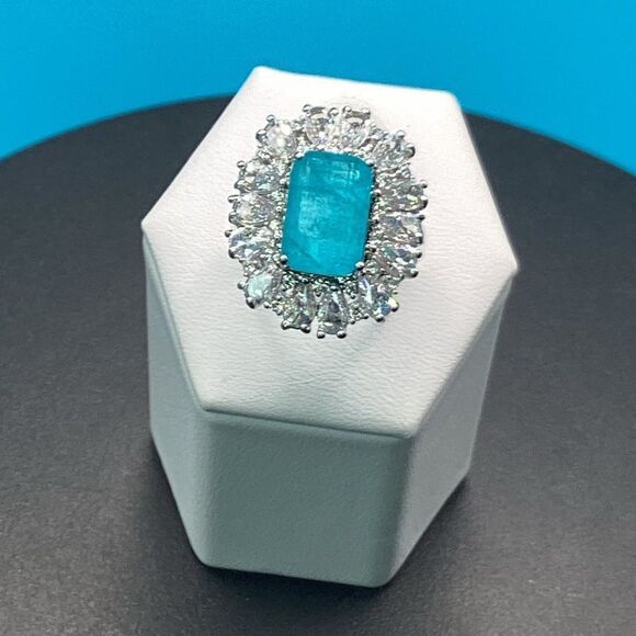 Gorgeous Vintage-Inspired Simulated Paraiba Tourmaline & CZ Halo Statement Ring